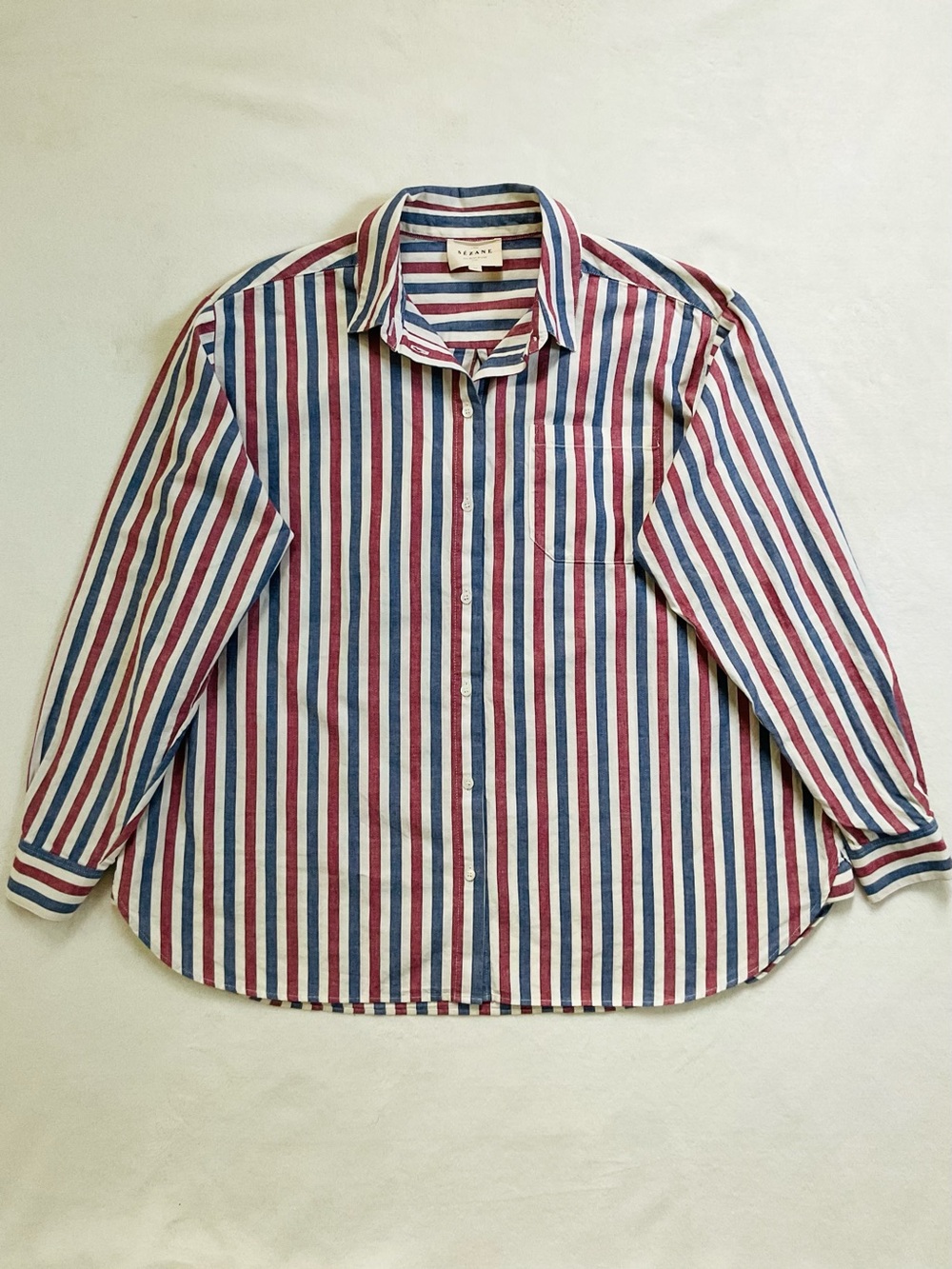 Sézane Max Shirt 36 Blue Ecru Burgundy Stripe Organic Cotton - Picture 2 of 12